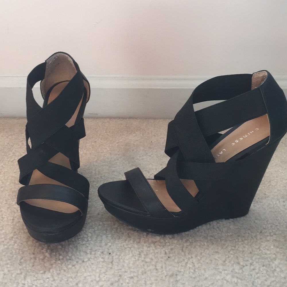 Chinese Laundry black strappy wedge heels